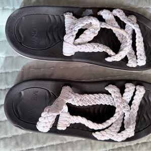 White & Black Slide Sandals with Braided Straps